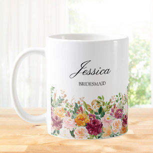 Mug Demoiselle d'honneur fleur de rose aquarelle monog