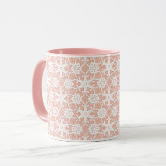 Mug Dentelle antique - Blanc sur rose pastel (Devant gauche)