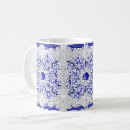 Mug Dentelle en céramique Bleu de Grèce & flocon de ne (Devant gauche)