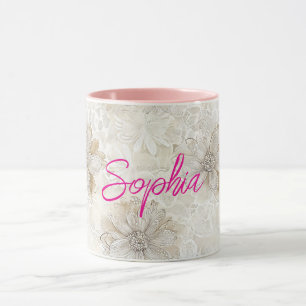 Mug Dentelle fausse florale blanche crème romantique