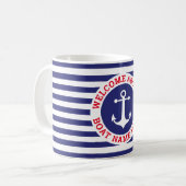 Mug Design Ancre nautique bleu marine avec bande blanc (Devant gauche)