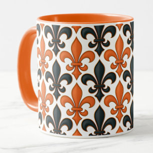 Mug Design Motif Orange noir baroque Fleur-de-lis
