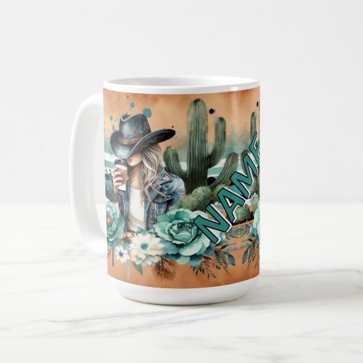 Mug Design occidental élégant avec Cactus et Cowgirl (Devant gauche)