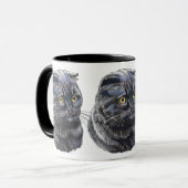 Mug Dessin à la main drôle chatte noir moelleux. (Devant gauche)