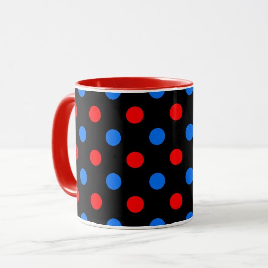 Mug Dessin à pois rouges bleus sur fond noir  (Devant gauche)