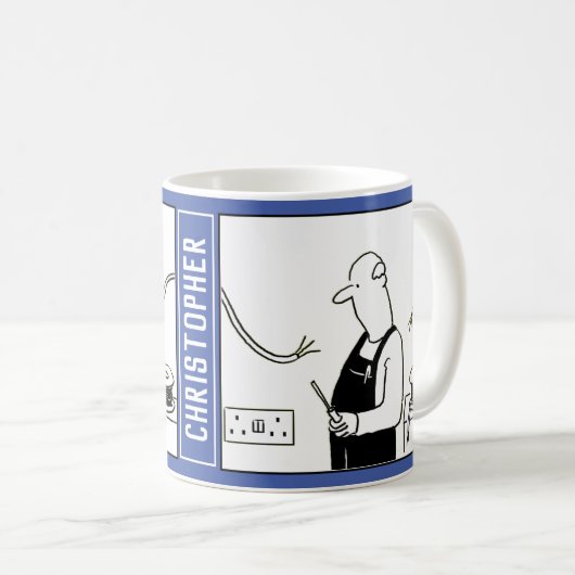 Mug Dessin amusant d'électricien avec Nom Choice. (Devant droit)