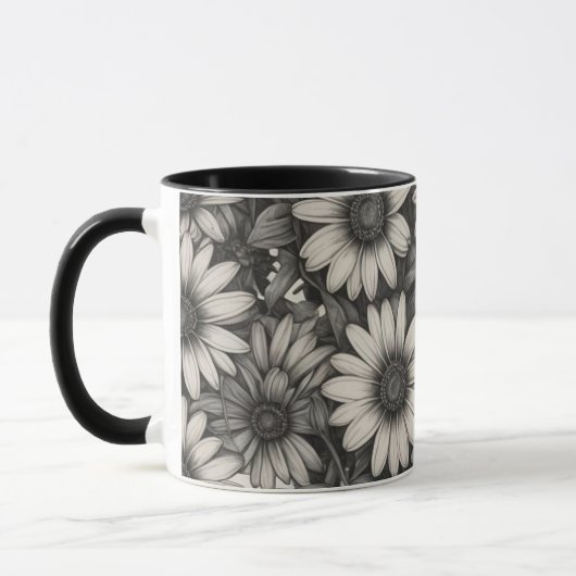 Mug Dessin en nuances de gris de la marguerite africai (Gauche)