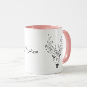 Mug Dessin minimaliste de tête de cerf avec nom
