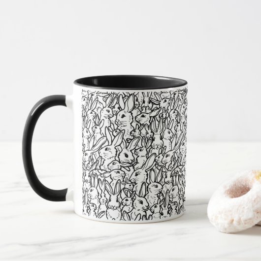 Mug Dessins de lapin noir et blanc Motif lapin moderne (Avec donut)