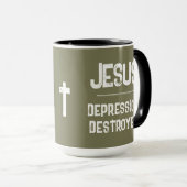 Mug Détruiseur de dépression Jésus Vert olive de l'arm (Devant droit)