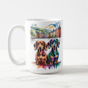 Mug Deux Dachshunds Colorés sur une Place de Ville Eur