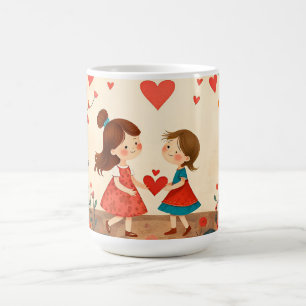 Mug Deux filles partageant un cœur dans une prairie fl