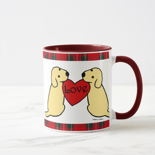 Mug Deux Labradors jaune avec le tartan de bande (Droite)