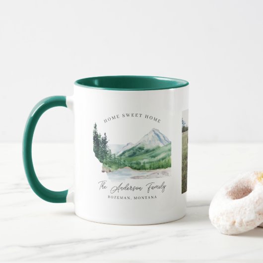 Mug Deux photos | Nom de famille Monogram Montana (Avec donut)