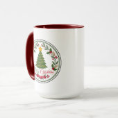 Mug deux tons Rond Badge Arbre de Noël Joyeux (Devant gauche)