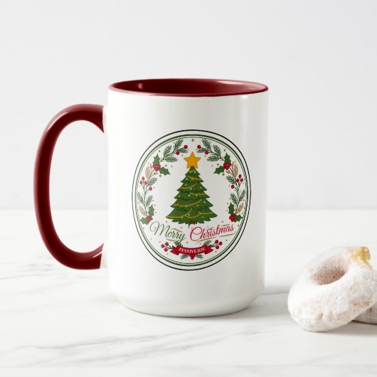 Mug deux tons Rond Badge Arbre de Noël Joyeux (Avec donut)