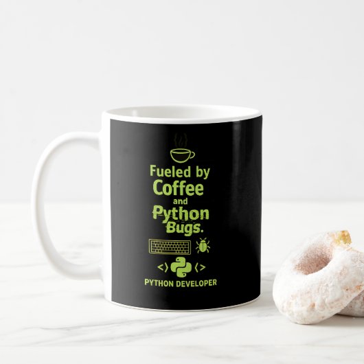 Mug Développeur Python drôle – Alimenté par les bugs d (Avec donut)