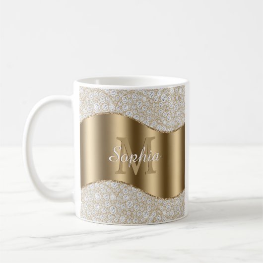 Mug Diamants, Grand Monogramme Or, Nom De Script Blanc (Gauche)