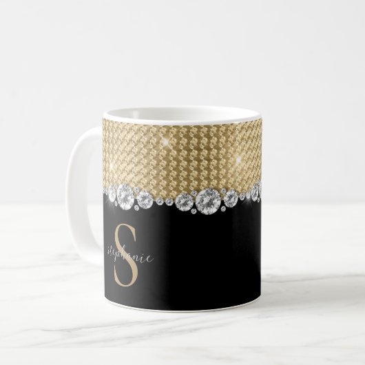 Mug Diamants Or noir élégant Monogramme brillant Perso (Devant gauche)