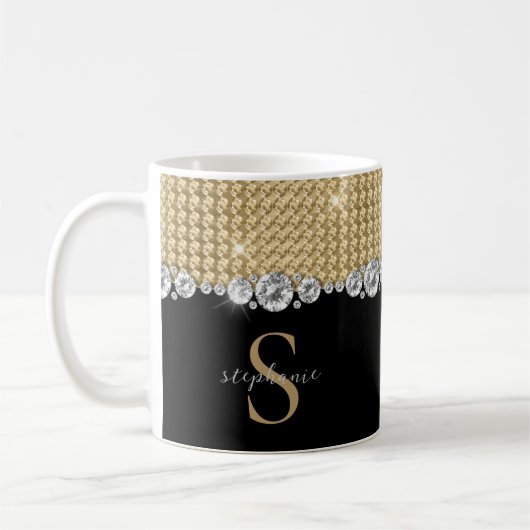 Mug Diamants Or noir élégant Monogramme brillant Perso (Gauche)