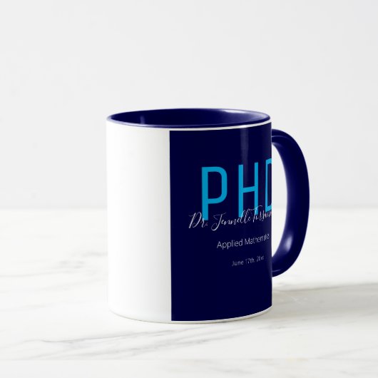 Mug Diplômé bleu Nom Diplôme PhD (Devant droit)