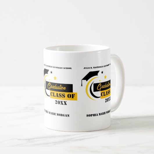 Mug Diplômé Jaune Noir Blanc Classique (Devant droit)