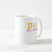 Mug Diplômé Orange Noir Date Nom Diplôme PhD (Devant droit)