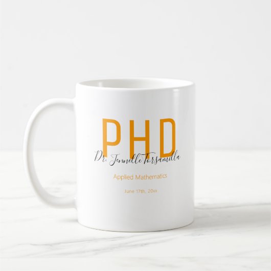 Mug Diplômé Orange Noir Date Nom Diplôme PhD (Gauche)