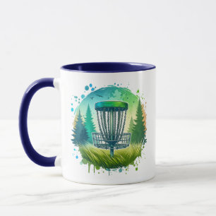 Mug Disque Golf Panier et Pins Arbres Bleu et Vert