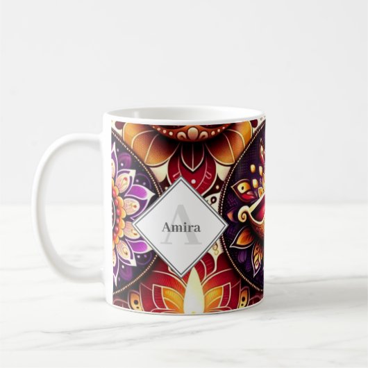 Mug Diwali personnalisé Diyas rouge et violet & Rangol (Gauche)