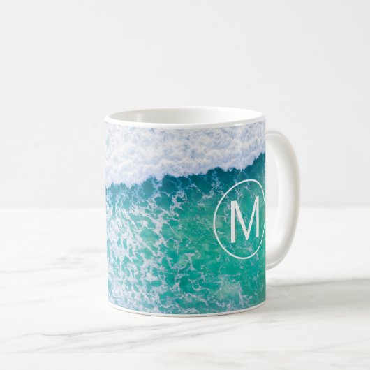 Mug do-it-yourself Monogramme blanc en cercle, Vagues  (Devant droit)