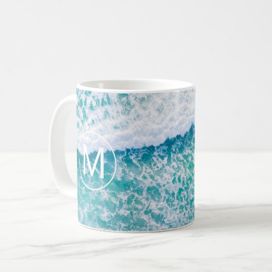 Mug do-it-yourself Monogramme blanc en cercle, Vagues (Devant gauche)