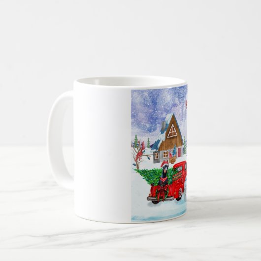 Mug Doberman Chien en Livraison Noël Camion Neige (Devant gauche)