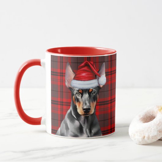 Mug Dog Lover's Red Plaid Doberman Pinscher Holiday (Avec donut)