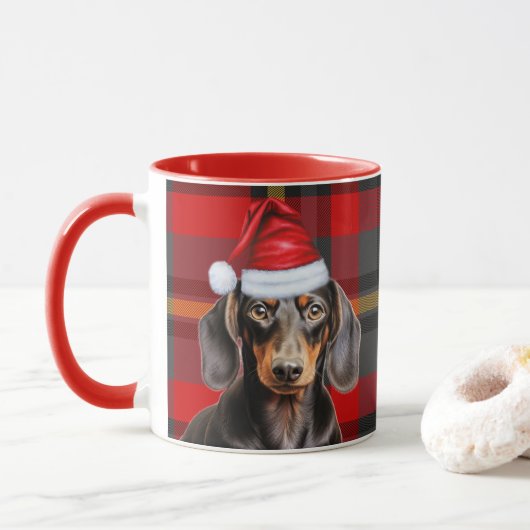 Mug Dog Lover's Red Plaid Smooth Dachshund Holiday (Avec donut)