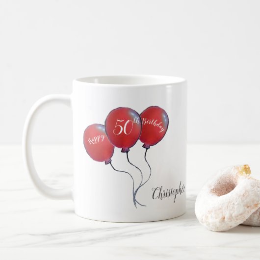 Mug Don de ballon rouge à 50 ans (Avec donut)