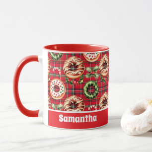 Mug Donuts de Noël Rouge Rétro Rouge Tartan Plaid