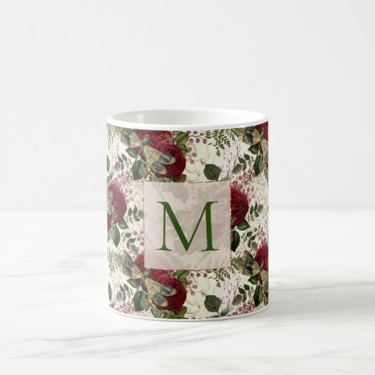 Mug Dragonflies de crème et Monogramme Rose (Centre)