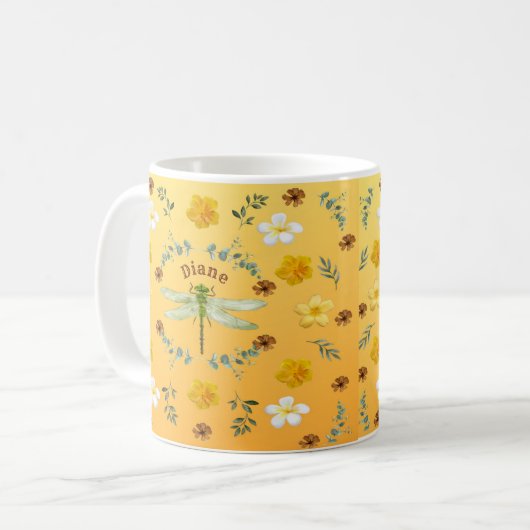 Mug Dragonfly en or, vert, Fleurs jaunes (Devant gauche)