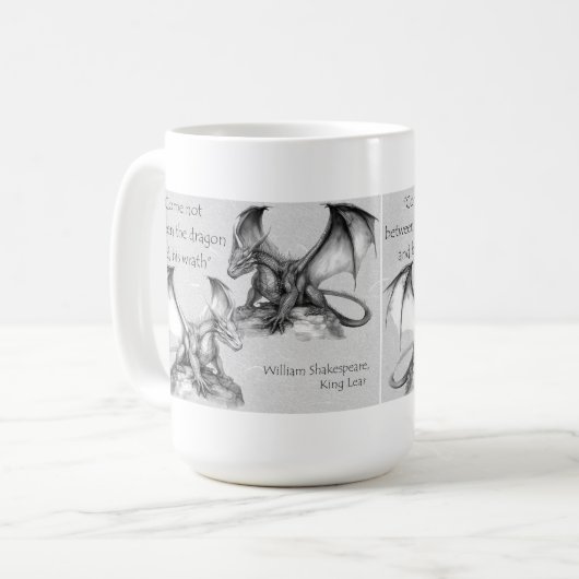 Mug Dragons avec King Lear citation gris, noir, blanc  (Devant gauche)