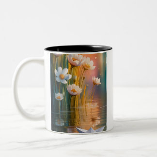 Mug Dreamy Paper Boat & White Flowers at Sunset –  Tweekleurige Koffiemok