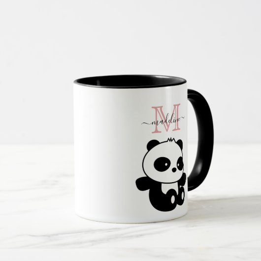 Mug Drôle assis Panda moderne rose Monogramme (Devant droit)