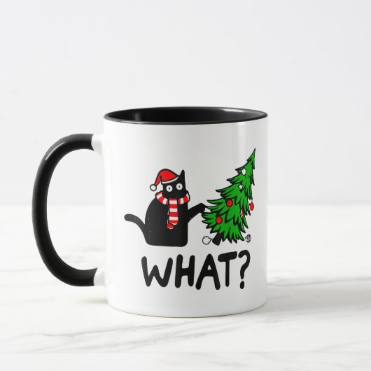 Mug Drôle cadeau de chat noir Poussant l'arbre de Noël (Gauche)