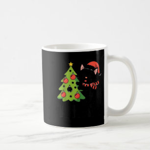 Mug Drôle de chat noir poussant un sapin de Noël sur u