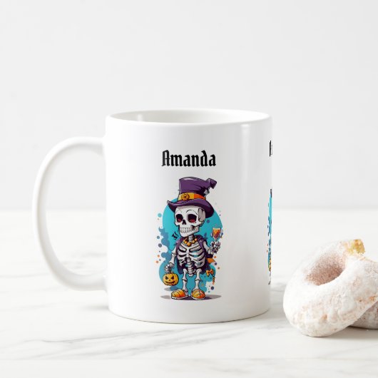 Mug Drôle Halloween Squelette portant Top Hat (Avec donut)