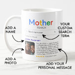Mug Drôle meilleure mère jamais Résultats de recherche<br><div class="desc">Amusante tasse pour les mères avec le logo 'Mother search' et un seul résultat de recherche pour "Best Mother (or maman ou mum, etc.) ever', avec le nom de votre mère, une photo, votre message personnel et un classement 5 étoiles. Si vous avez besoin d'aide pour customiser ceci, s'il vous...</div>
