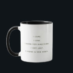Mug Drôle Sarcastique Sacher de direction de la vie<br><div class="desc">Faites un éclat de rire avec notre tasse à café personnalisable et amusante, avec un message : "JE SUIS VENU. J'AI VU. J'AI DEMANDÉ DES ORIENTATIONS. J'AI PERDU. J'AI TROUVÉ UN NOUVEAU HOBBY.' Ce message est parfait pour quelqu'un qui cherche toujours son chemin ou son but dans la vie, quelqu'un...</div>