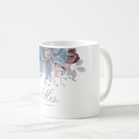 Mug Dusty Blue et Mauve Floral Mariage MRS ou MR (Devant droit)