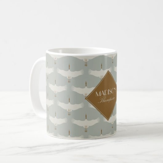 Mug Dusty Blue Neutral Birds Grues Art Déco Monogramme (Devant gauche)