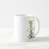 Mug E initiale dorée avec feuillage floral bleu (Devant droit)